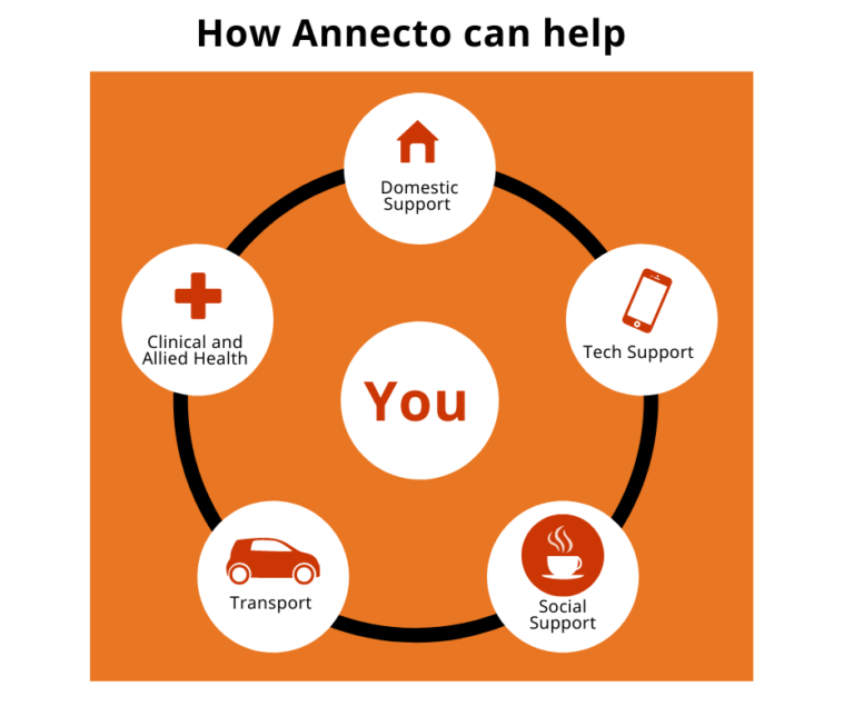 Graphic titled "How Annecto can help". Five icons labelled Domestic support, Tech support, Social support, Transport, and Clinical and allied health surrounding a central icon labelled "You"