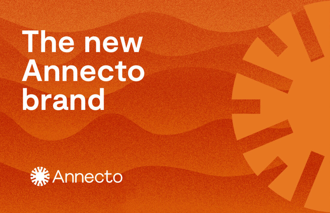 Orange coloured background with wave, with the Annecto sun logo on top. Text reading "The new Annecto brand"
