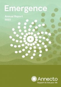Front cover of Annecto's 2021-2022 annual report. Dark green to light green with a swirl in the middle. Title says "emergence: Annual report 2022"