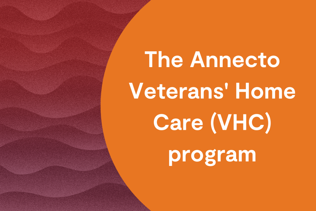 Dark red wave background with white text in orange bubble that read "The Annecto Veterans' Home Care (VHC) program